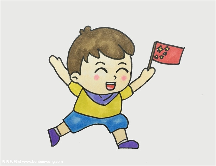 小男孩拿国旗简笔画图片