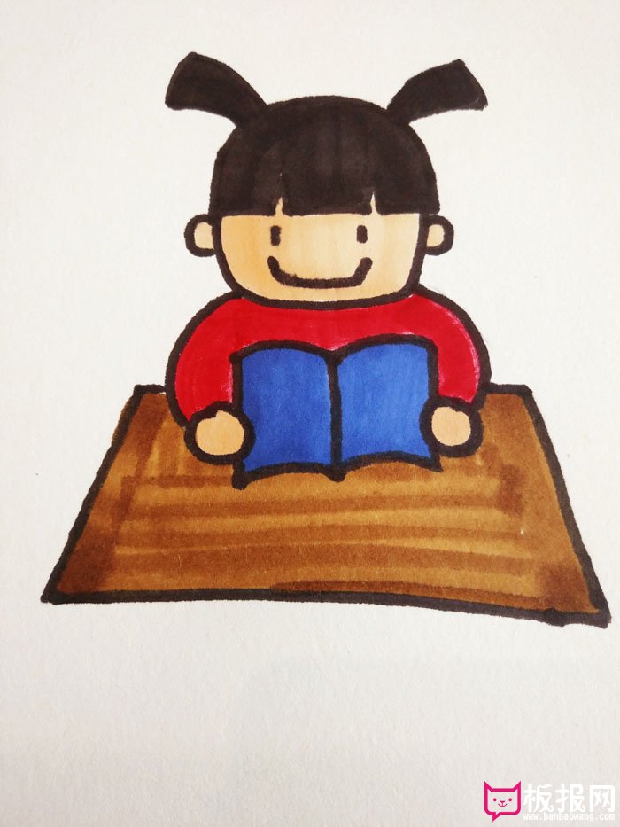 画一个小女孩坐在桌子上看书