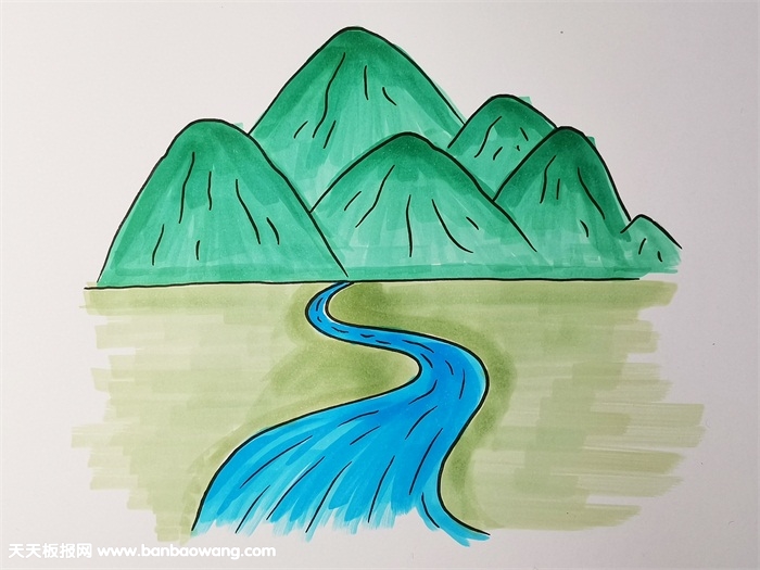 高山流水儿童简笔画带颜色