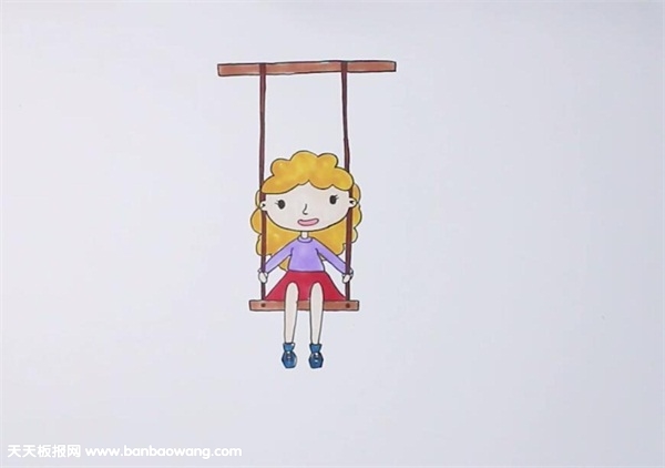 荡秋千的小女孩彩色简笔画
