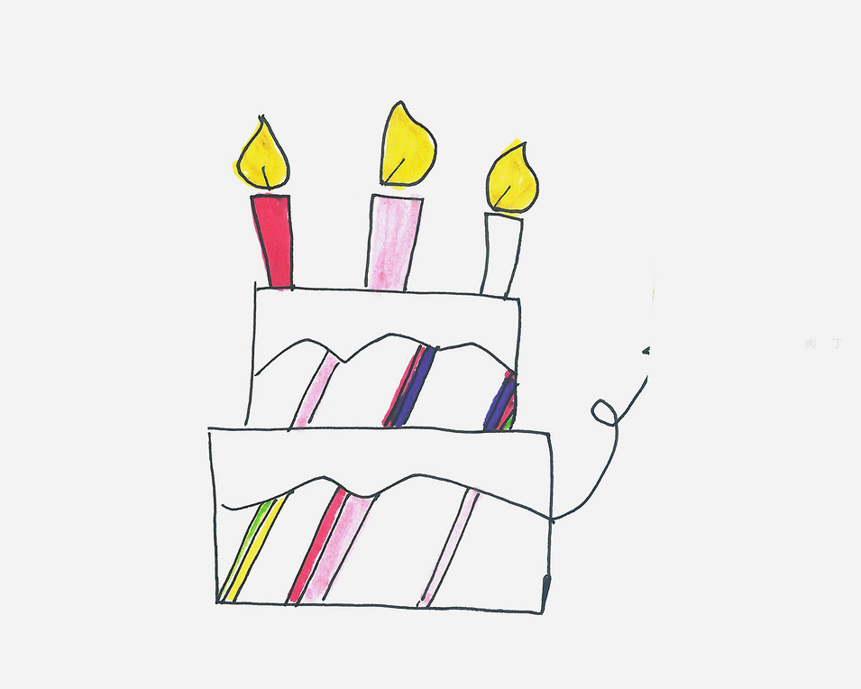 三根蜡烛色彩蛋糕的画法图解