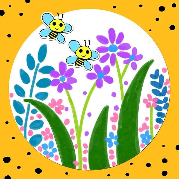 蜜蜂在花丛中的绘画图片