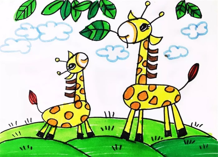 长颈鹿宝宝和长颈鹿妈妈的简笔画