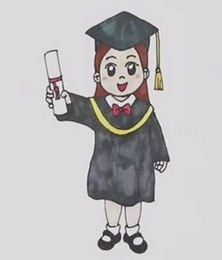 可爱的戴博士帽小女孩简笔画