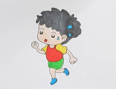 挥汗如雨的小男孩跑步简笔画
