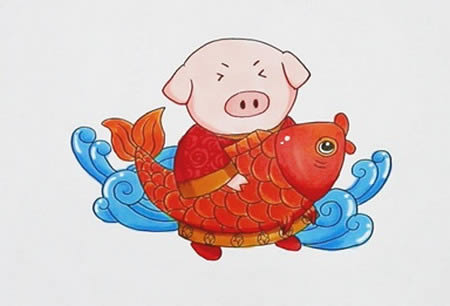 小猪抱鲤鱼简笔画怎么画