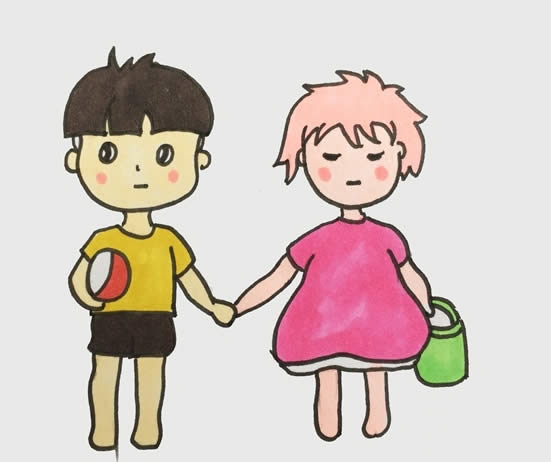 一个小男孩和一个小女孩牵手的简笔画
