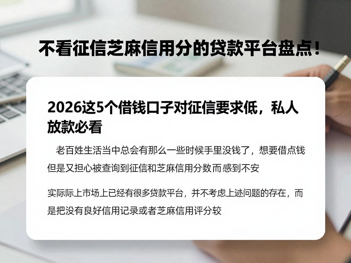不看征信芝麻信用分的贷款平台盘点！2026这5个借钱口子对征信要求低，私人放款必看