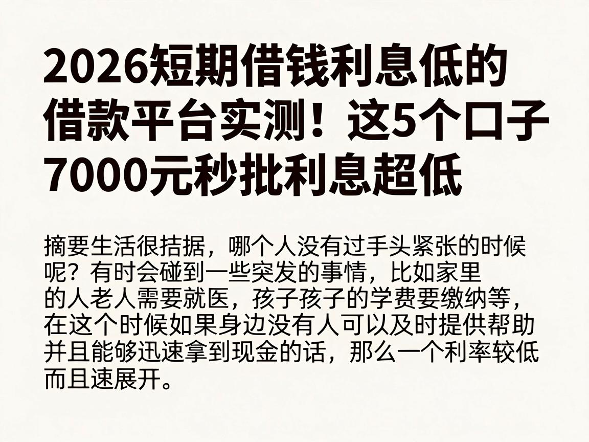 2026短期借钱利息低的借款平台实测!这5个口子7000元秒批利息超低