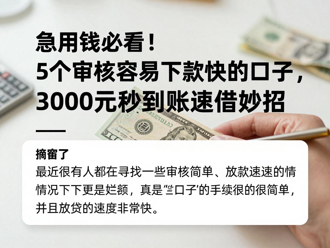 急用钱必看!5个审核容易下款快的口子,3000元秒到账速借妙招