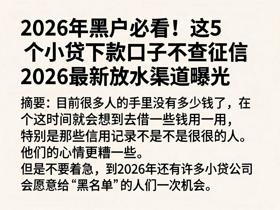 2026年黑户必看！这5个小贷下款口子不查征信，2026最新放水渠道曝光