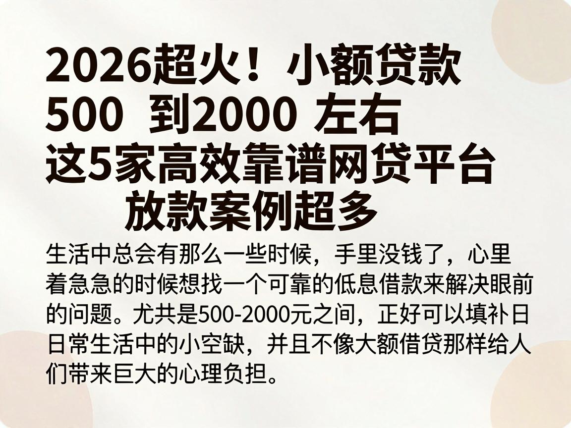 2026超火!小额贷款500到2000左右,这5家高效靠谱网贷平台放款案例超多