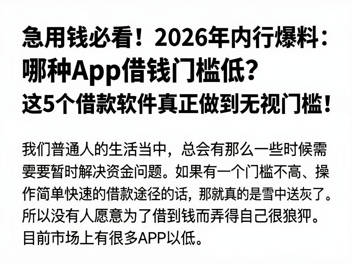 急用钱必看!2026年内行爆料:哪种App借钱门槛低?这5个借款软件真正做到无视门槛!