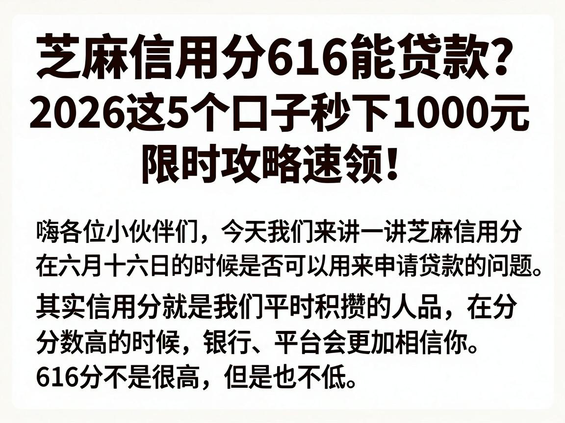 芝麻信用分616能贷款?2026这5个口子秒下1000元,限时攻略速领!