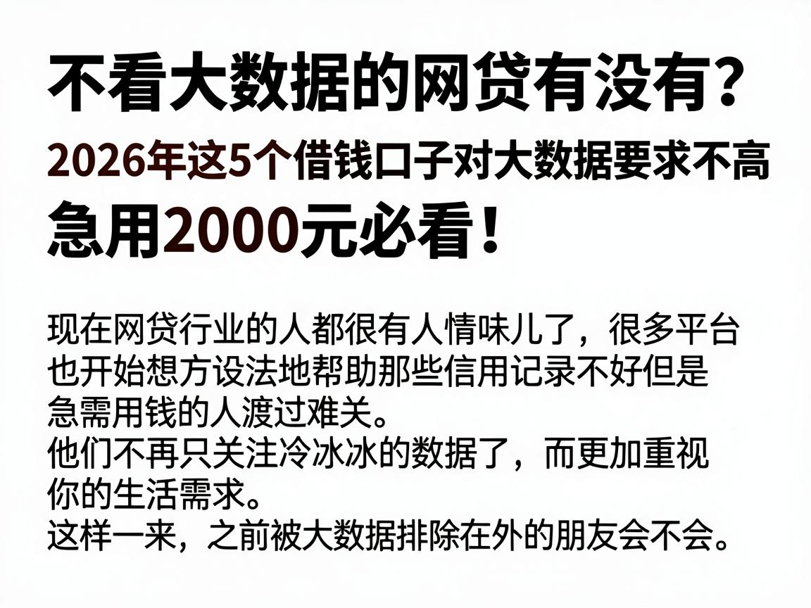 不看大数据的网贷有没有?2026年这5个借钱口子对大数据要求不高,急用2000元必看!