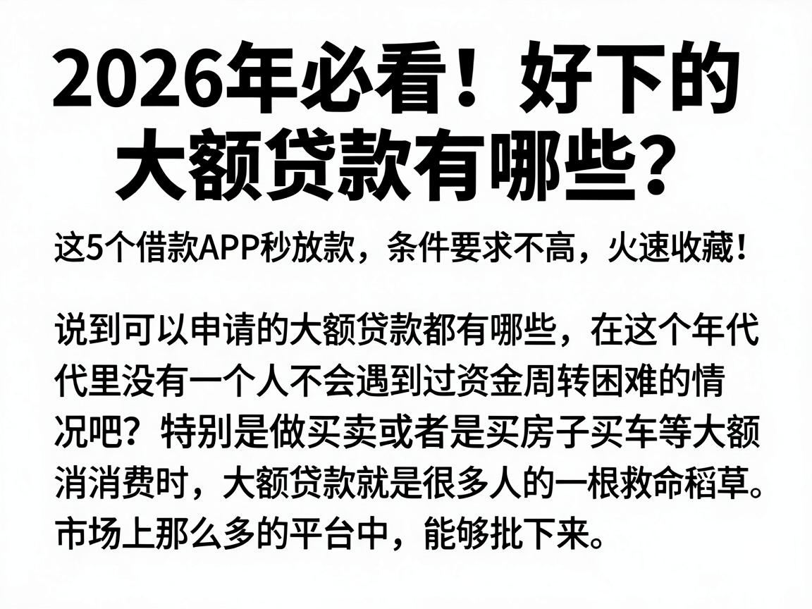 2026年必看!好下的大额贷款有哪些?这5个借款APP秒放款、条件要求不高,火速收藏