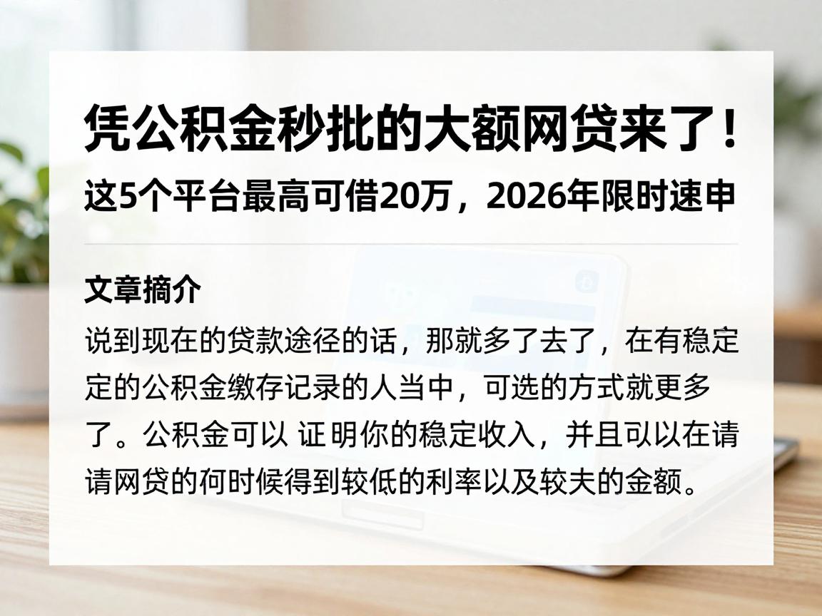 凭公积金秒批的大额网贷来了！这5个平台最高可借20万，2026年限时速申