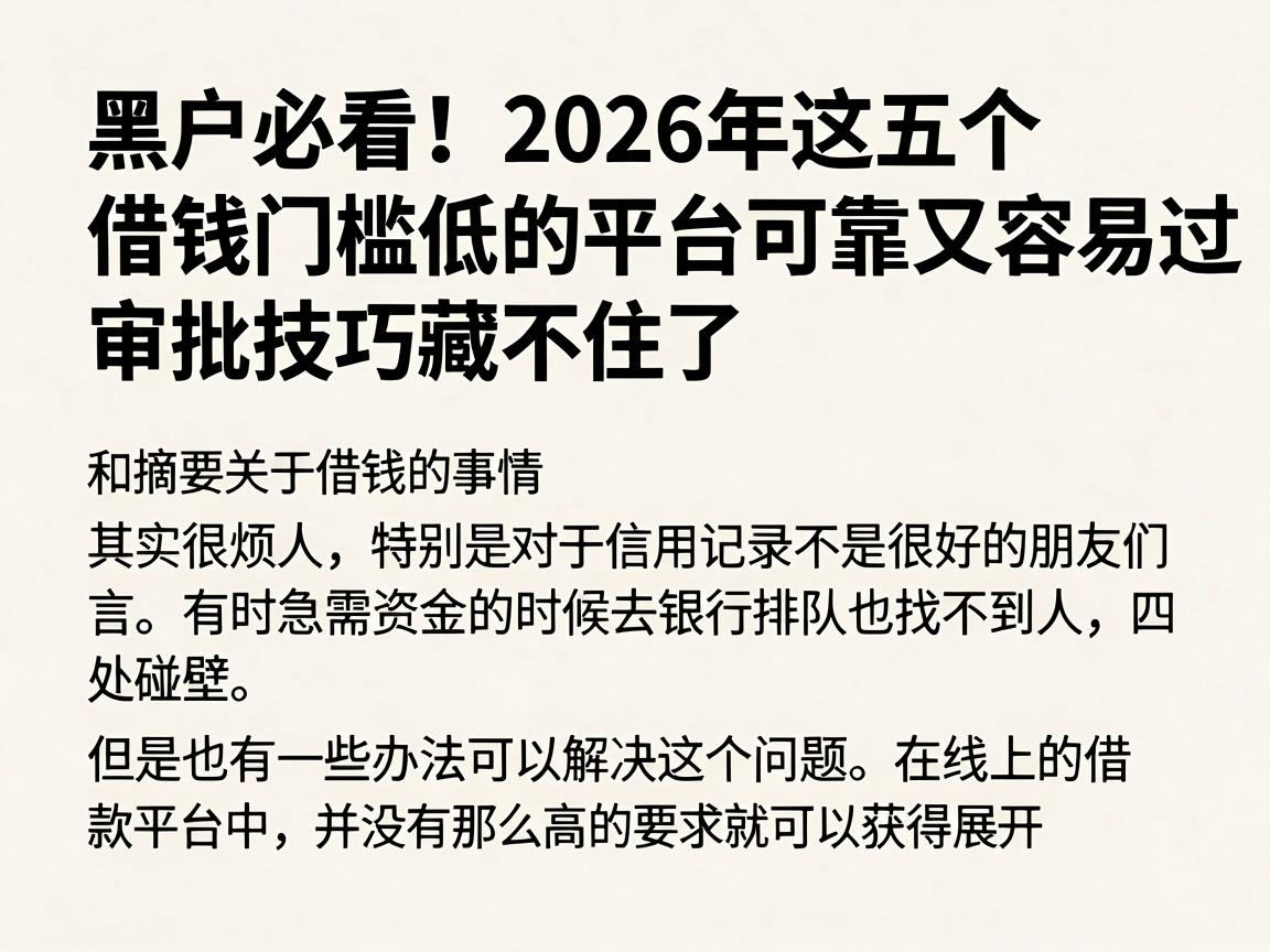黑户必看!2026年这五个借钱门槛低的平台可靠又容易过,审批技巧藏不住了