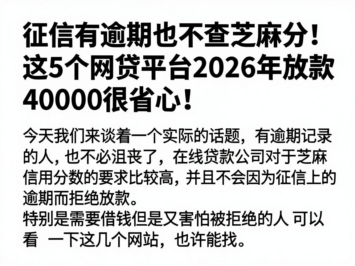征信有逾期也不查芝麻分!这5个网贷平台2026年放款40000很省心