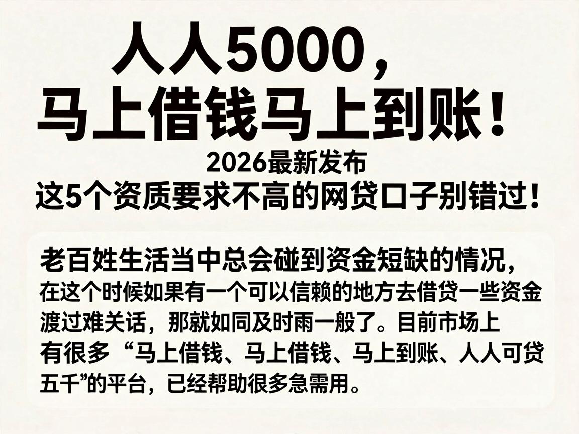 人人5000，马上借钱马上到账！2026最新发布，这5个资质要求不高的网贷口子别错过