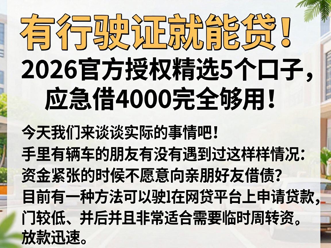 有行驶证就能贷!2026官方授权精选5个口子,应急借4000完全够用
