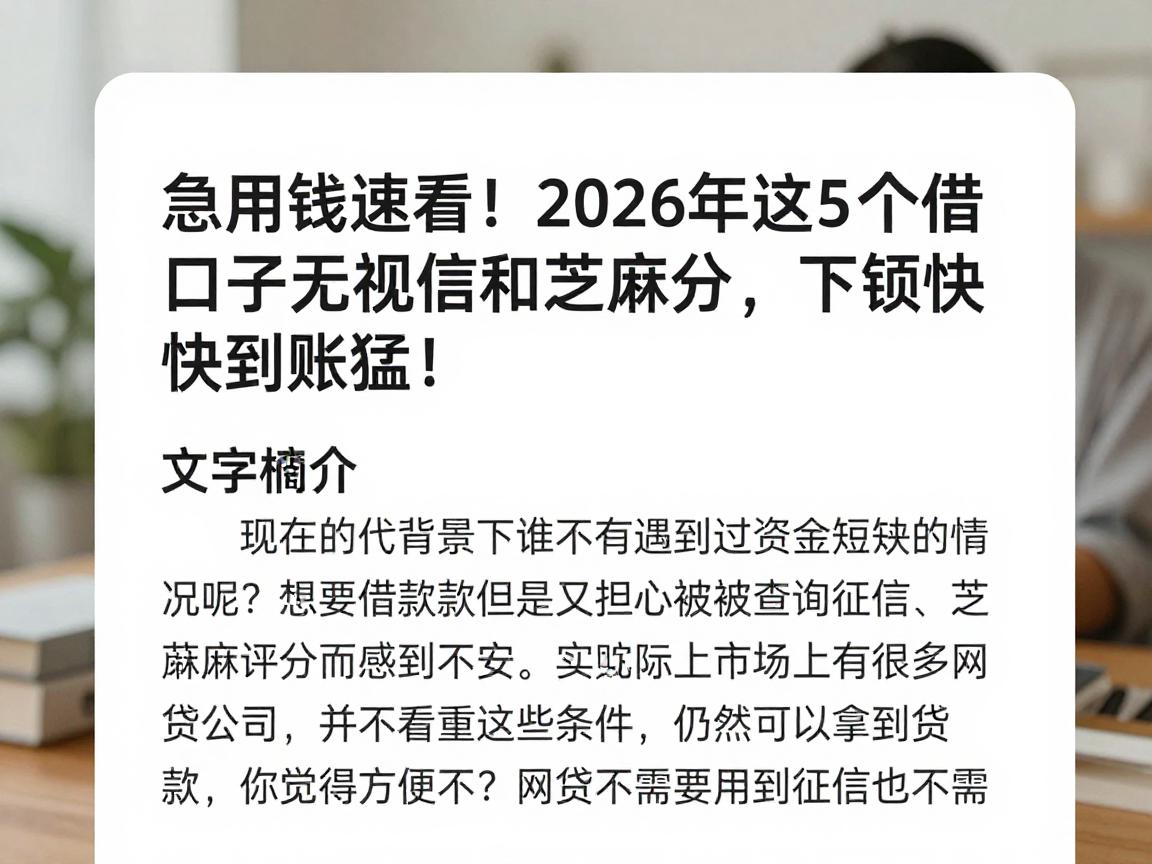 急用钱速看!2026年这5个借钱口子无视征信和芝麻分,下款快到账猛!