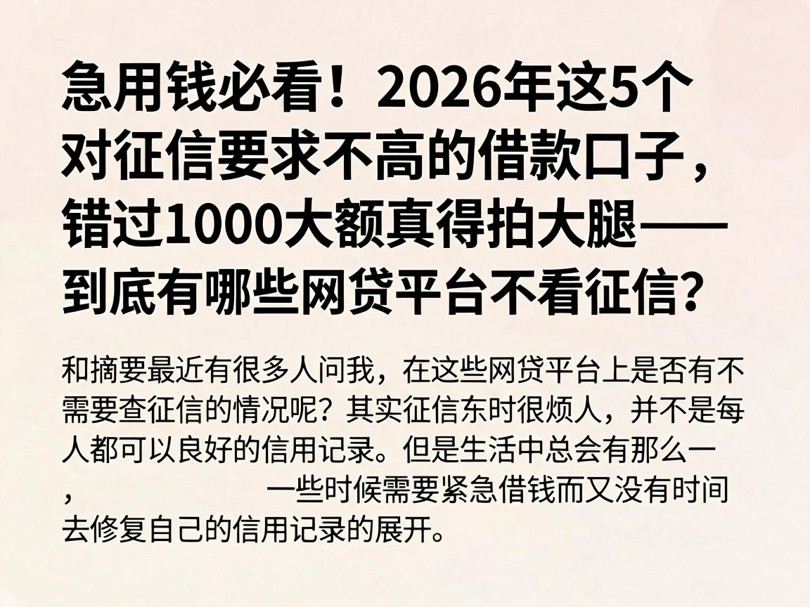 急用钱必看!2026年这5个对征信要求不高的借款口子,错过1000大额真得拍大腿——到底有哪些网贷平台不看征信?