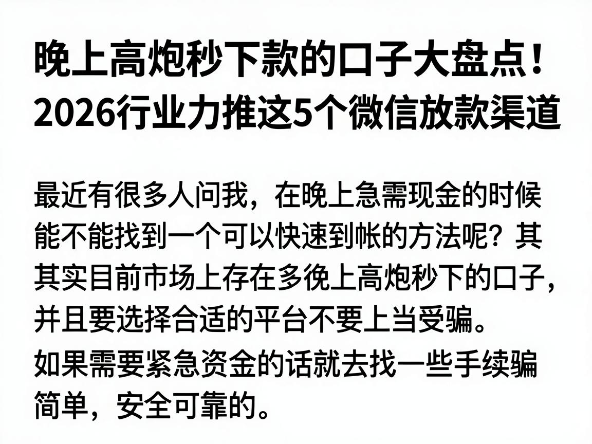 晚上高炮秒下款的口子大盘点!2026行业力推这5个微信放款渠道