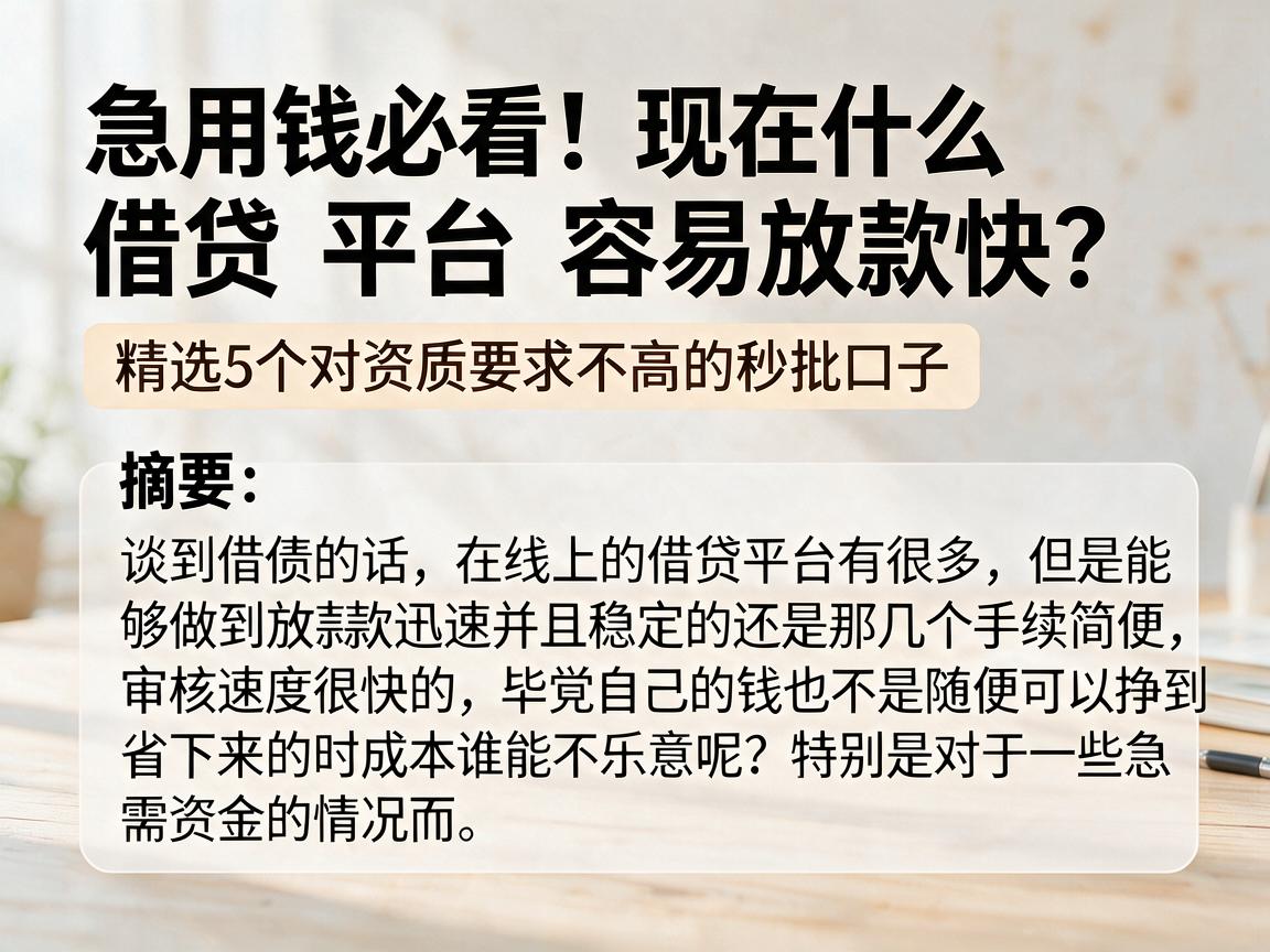 急用钱必看!现在什么借贷平台容易放款快?精选5个对资质要求不高的秒批口子