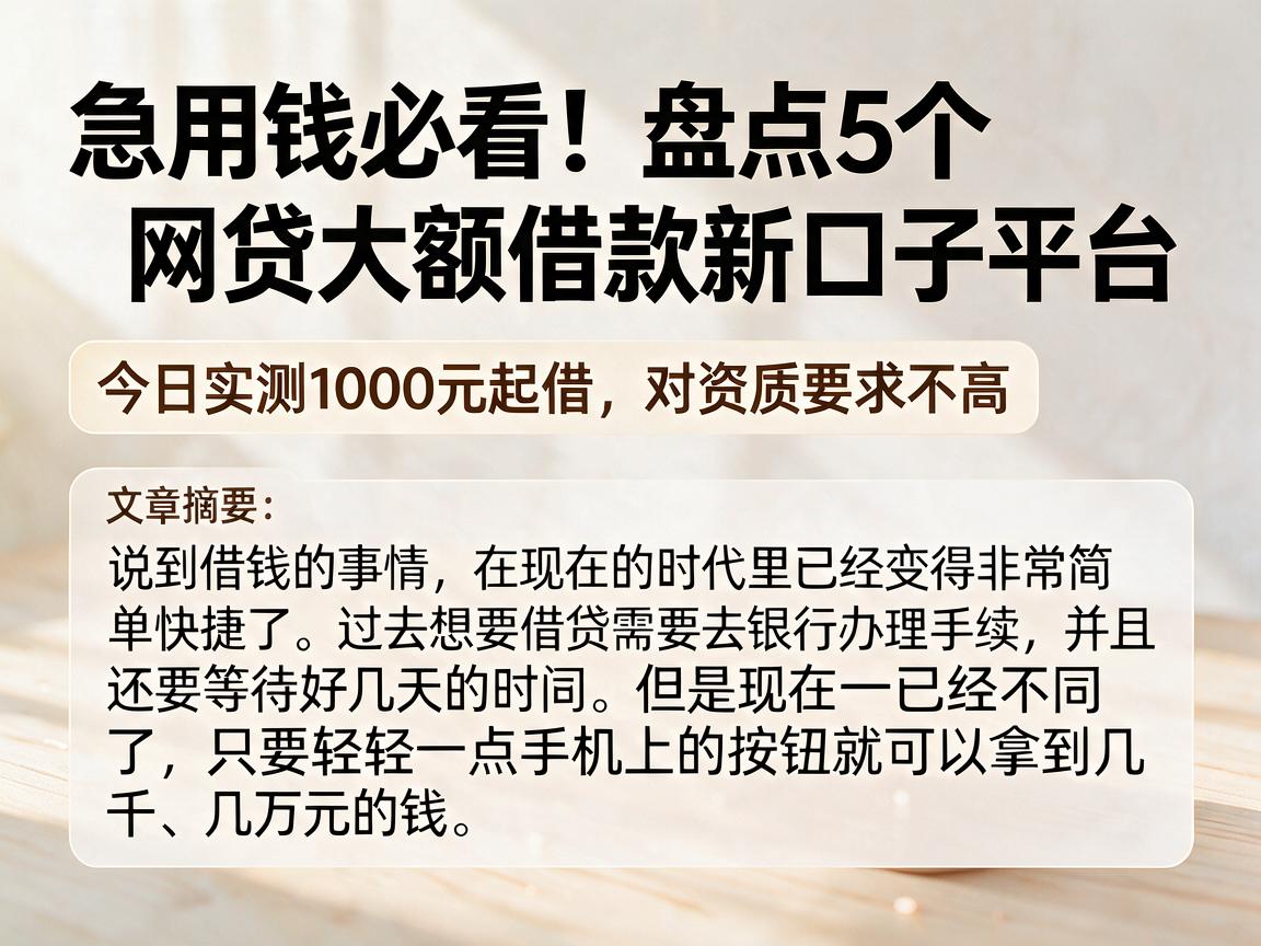 急用钱必看!盘点5个网贷大额借款新口子平台,今日实测1000元起借、对资质要求不高