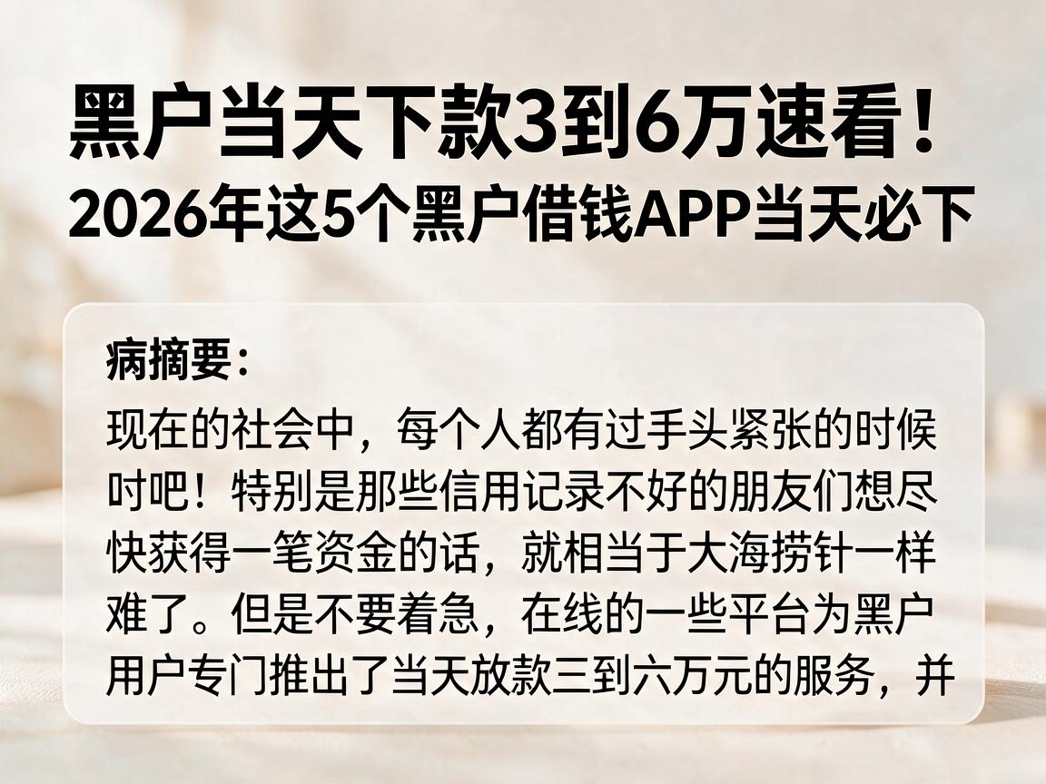 黑户当天下款3到6万速看!2026年这5个黑户借钱APP当天必下