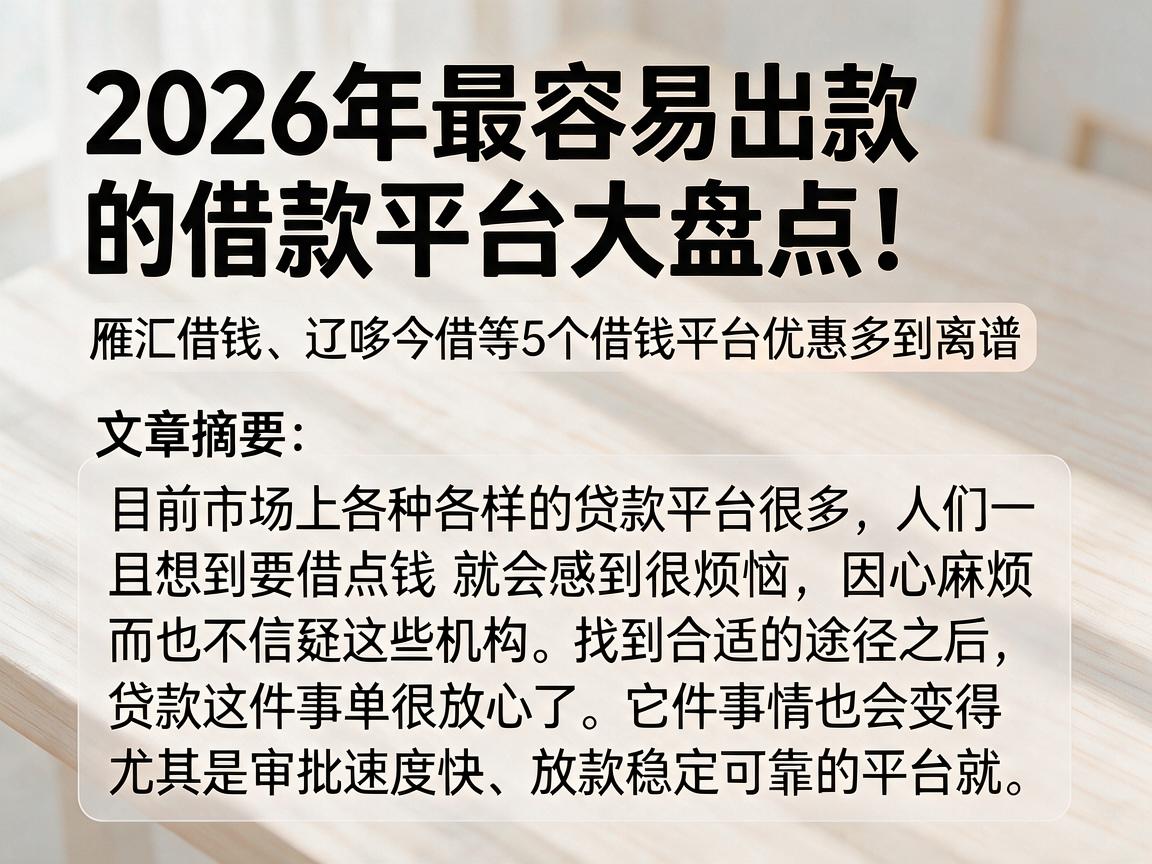 2026年最容易出款的借款平台大盘点!雁汇借钱、辽哆今借等5个借钱平台优惠多到离谱