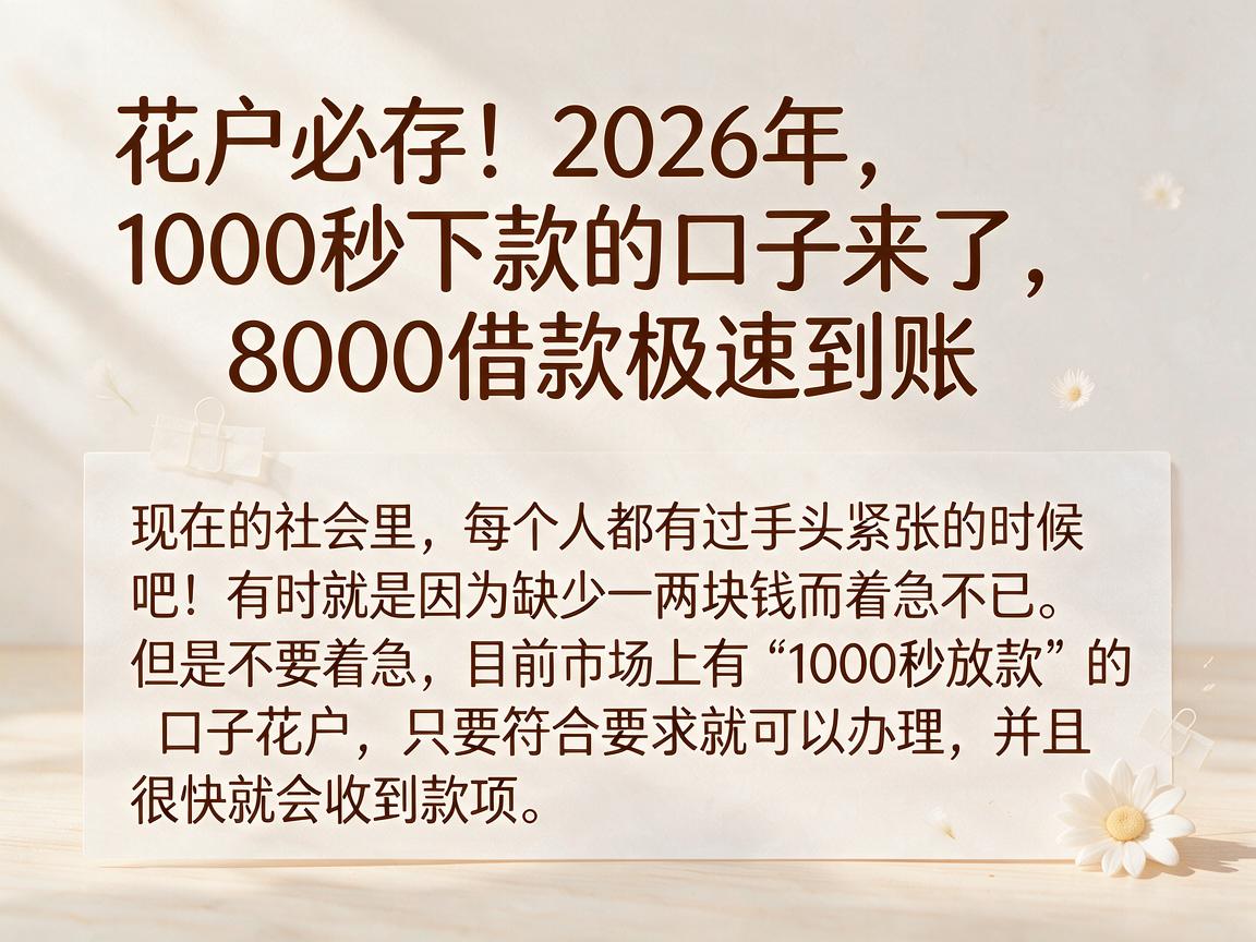 花户必存!2026年1000秒下款的口子来了,8000借款极速到账