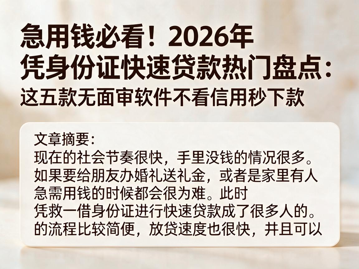 急用钱必看！2026年凭身份证快速贷款热门盘点：这五款无面审软件不看信用秒下款