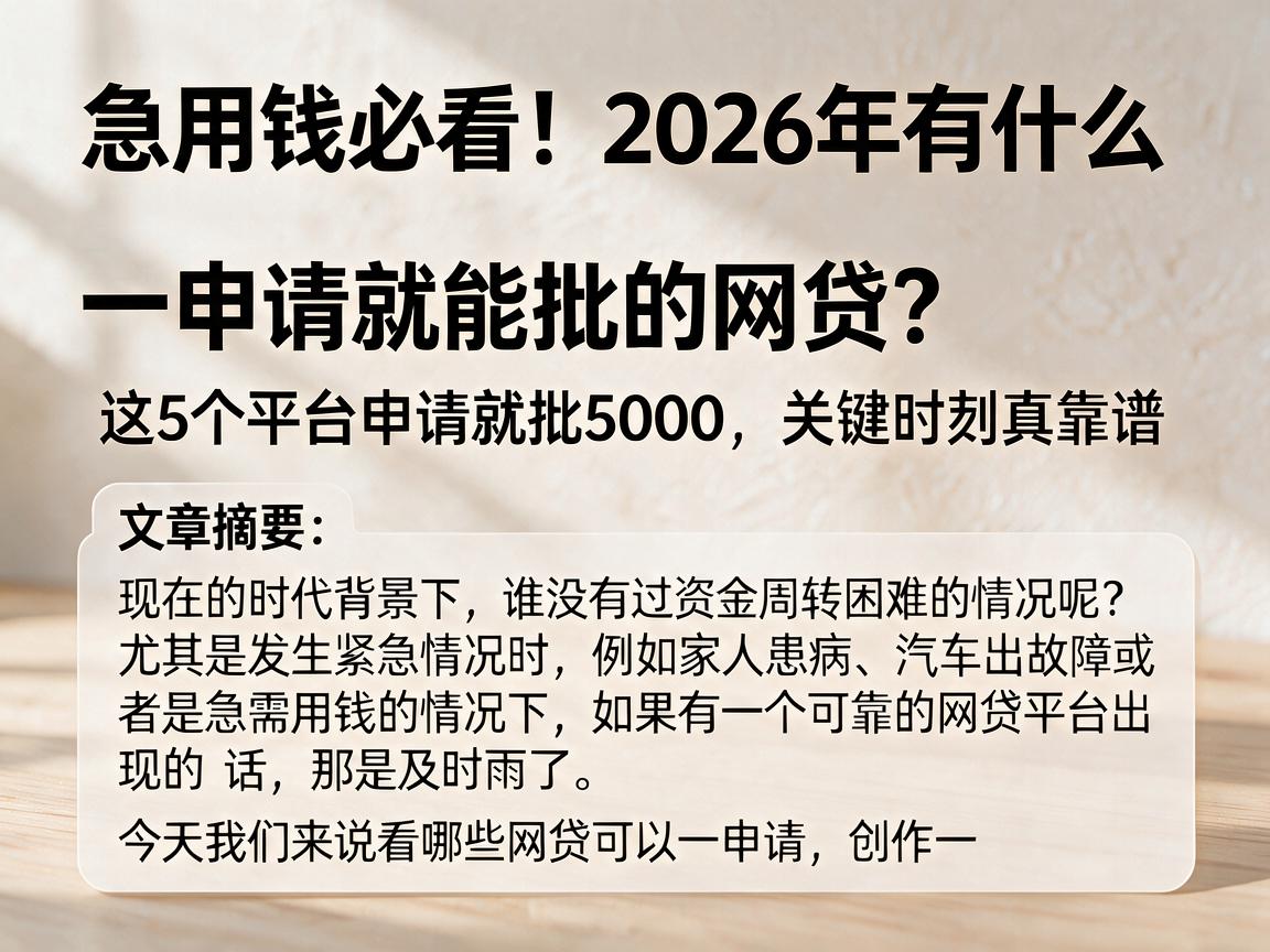 急用钱必看！2026年有什么一申请就能批的网贷？这5个平台申请就批5000，关键时刻真靠谱