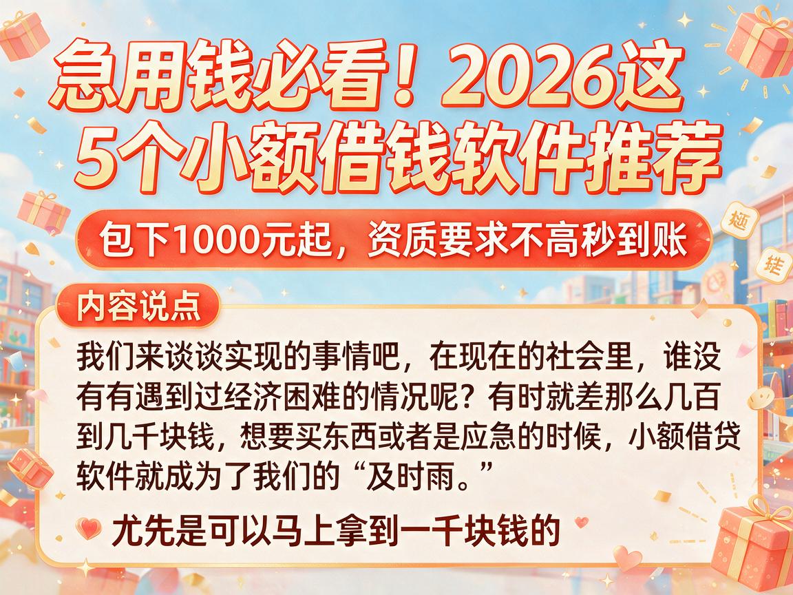 急用钱必看!2026这5个小额借钱软件推荐,包下1000元起,资质要求不高秒到账