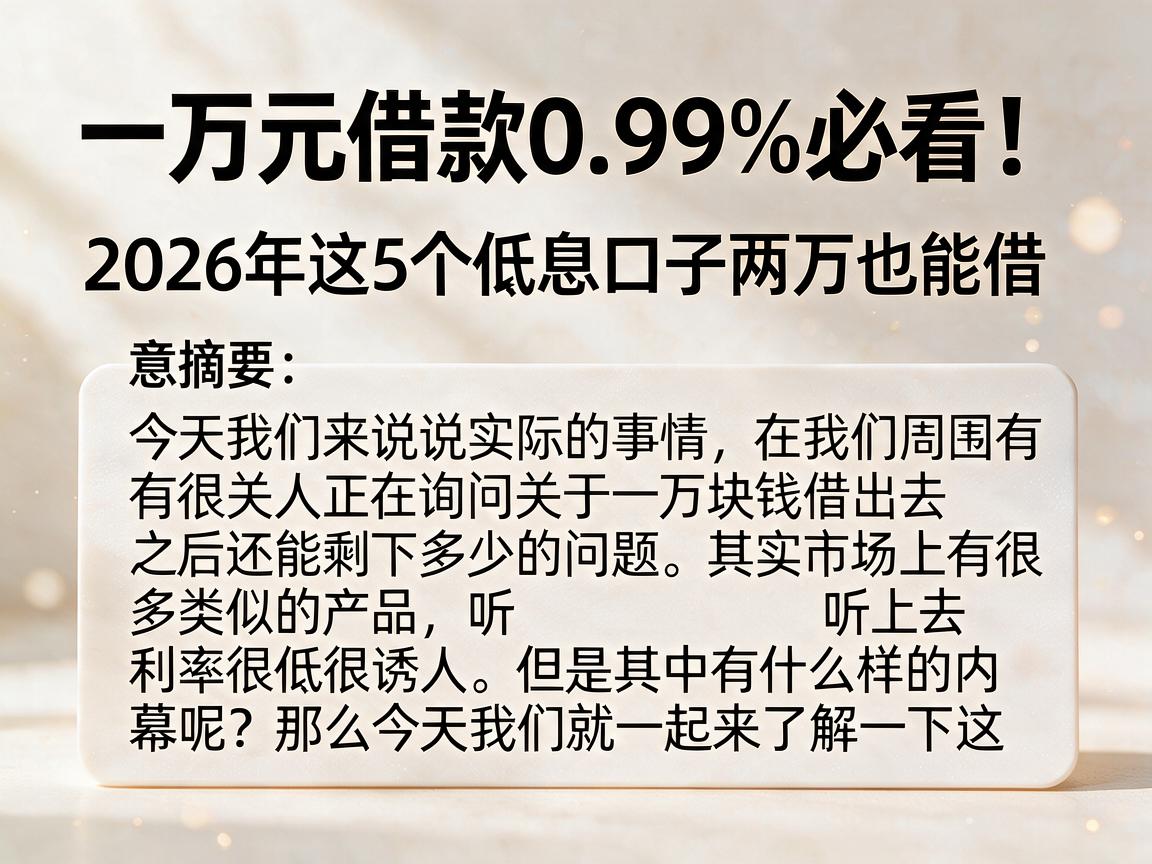 一万元借款0.99%必看！2026年这5个低息口子两万也能借