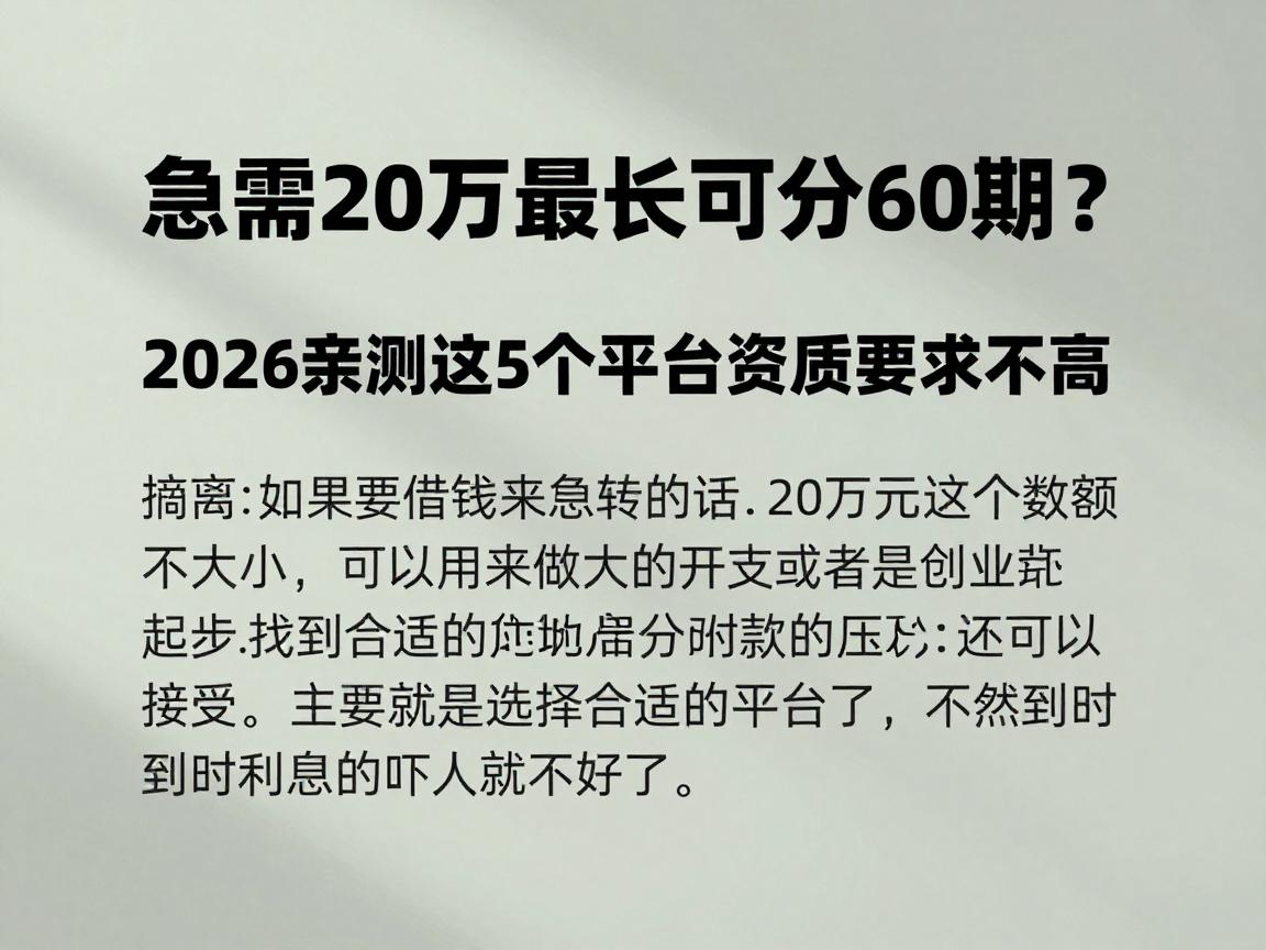急需20万最长可分60期？2026亲测这5个平台资质要求不高