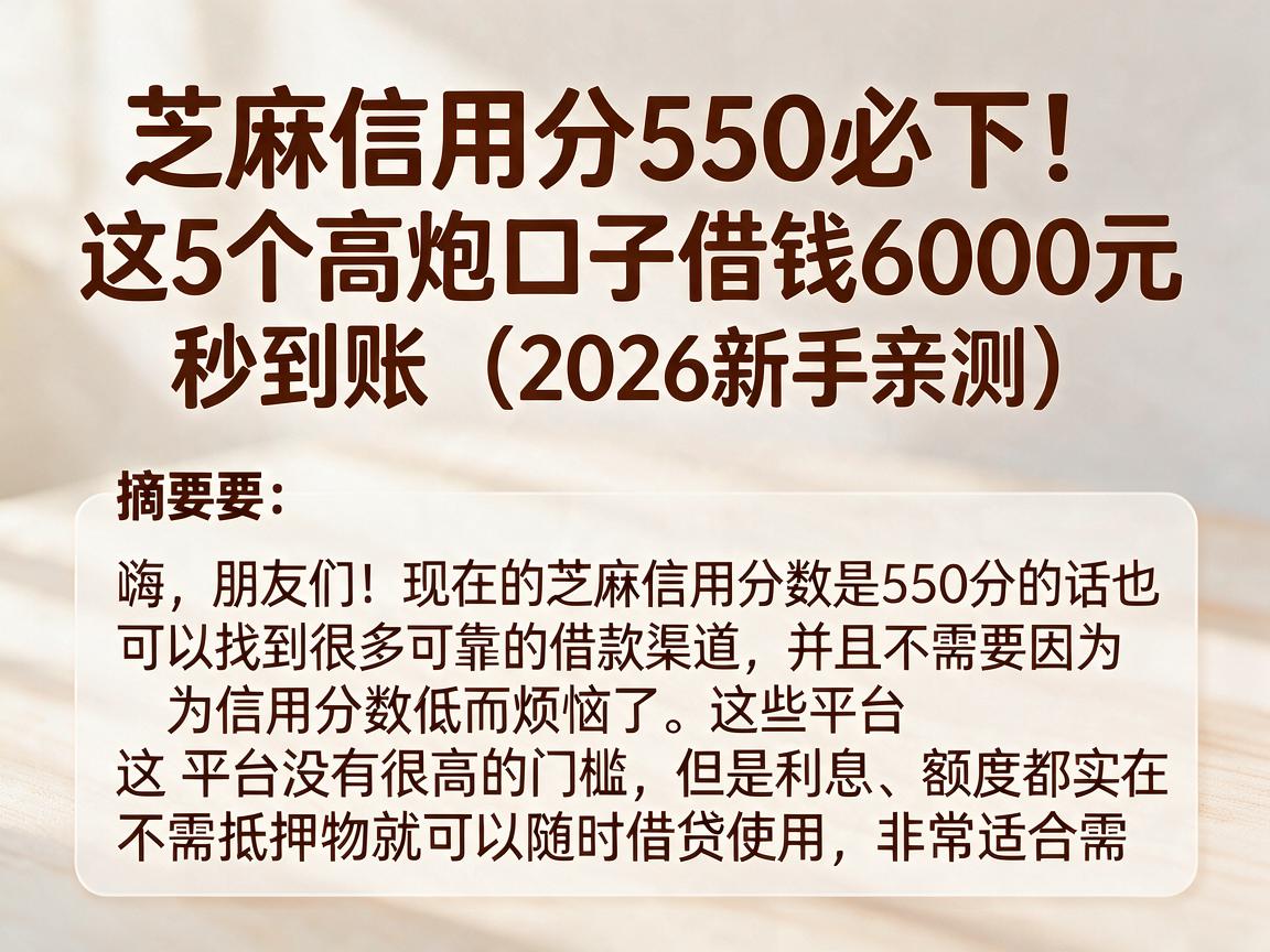芝麻信用分550必下！这5个高炮口子借钱6000元秒到账（2026新手亲测）